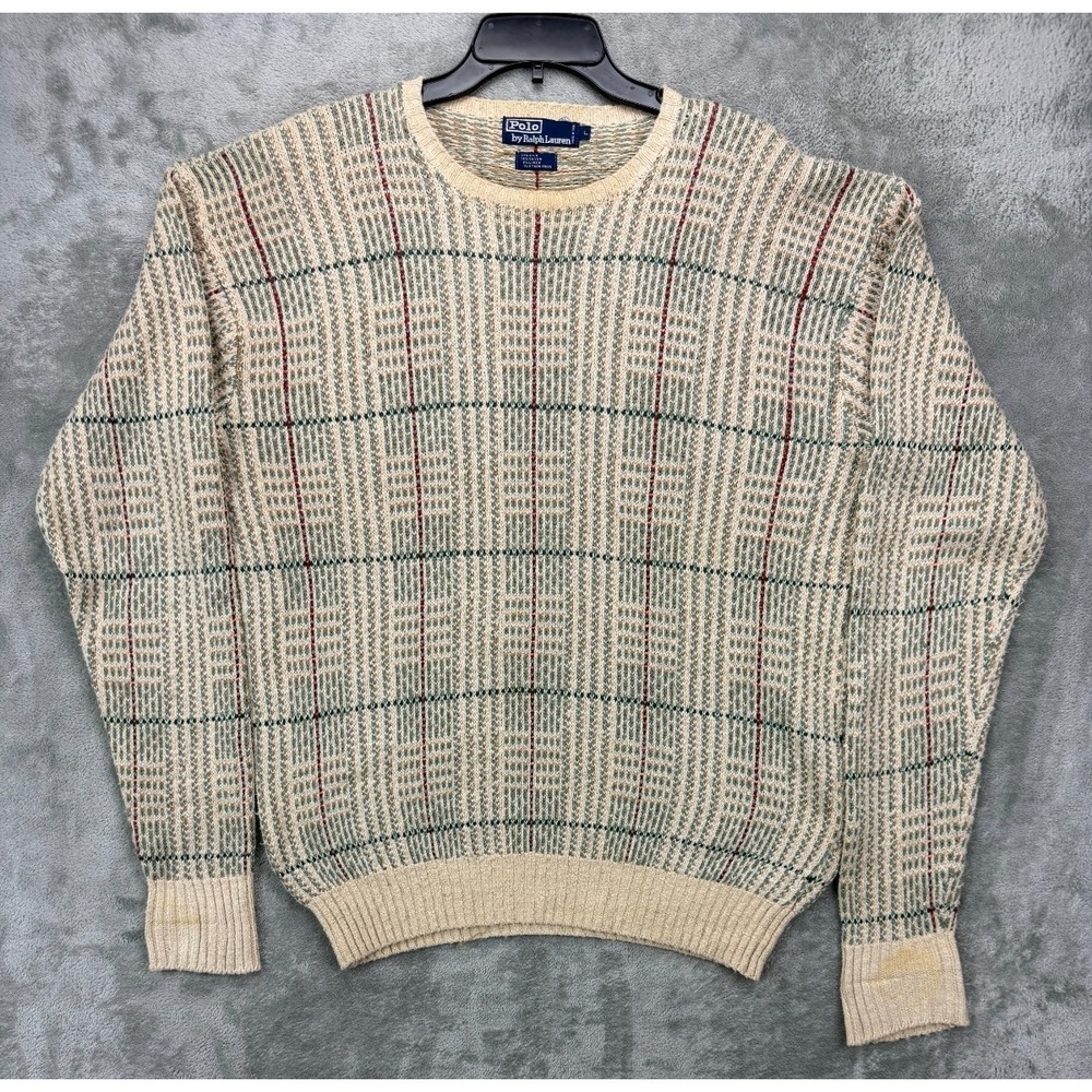 VTG Polo Ralph Lauren Men's Sweater Sz L Beige Tartan Silk Linen Blend Crewneck